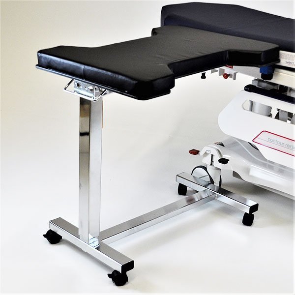 Midcentral Medical Hourglass shaped hand table with mobile base, locking casters, clamps for attaching to OR Table MCM320-MBCL